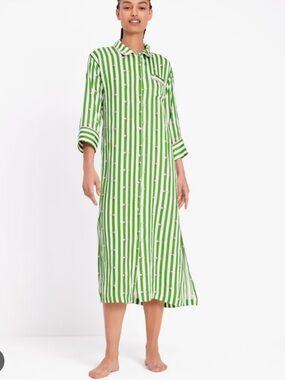 kate spade Green and White Striped women’s Pajama Nightgown with Pink Trim